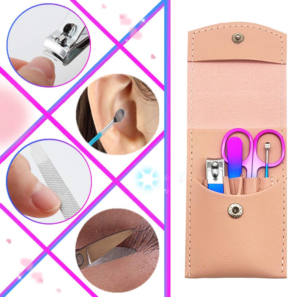 Manicure Set, Professional Women Nail Clippers Kit 4PCS， Stainless Steel Nail Cutter Care Tools Professional Grooming Kits, PU Leather Travel Case （rose gold）