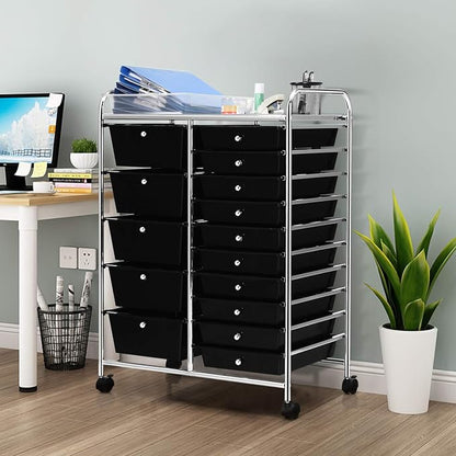 LDAILY 15 Drawer Rolling Storage Cart, Rolling Cart with Drawers for Classroom, Art Supply Craft Organizer on Wheel with Metal Frame & Handles for Home Office School