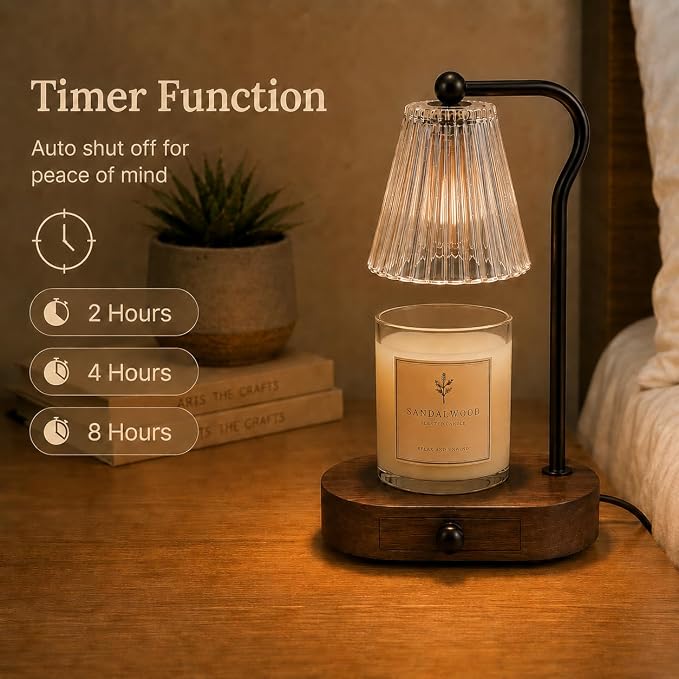 Candle Warmer Lamp with Timer & Dimmer, Black Painted Wooden Base with Drawer, Black Metal Stand, Extra Bulb Included, Candle Warming Lamp, Electric Candle Wax Warmer