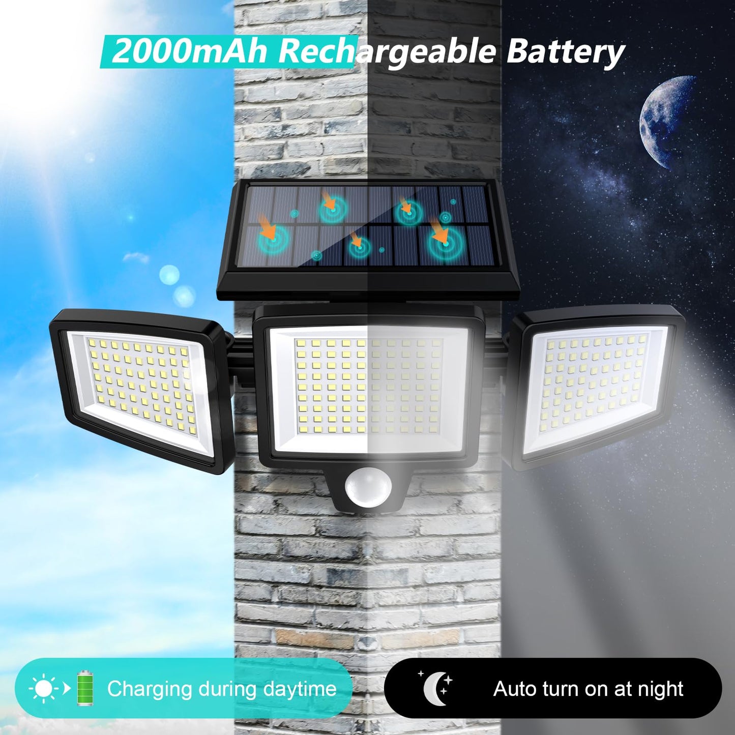 Tuffenough Solar Outdoor Lights 2500LM 210 LED Security Lights with Remote Control,3 Heads Motion Sensor Lights, IP65 Waterproof,270° Wide Angle Flood Wall Lights with 3 Modes (1 Pack)