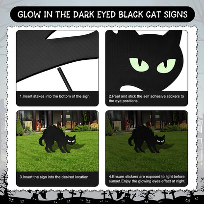 6 Pack Halloween Black Cat Yard Signs with Glowing Eye Stickers – Large Scary Cat Silhouette Decorations for Outdoor Lawn, Fence, Garden, Haunted House, Halloween Party Decor