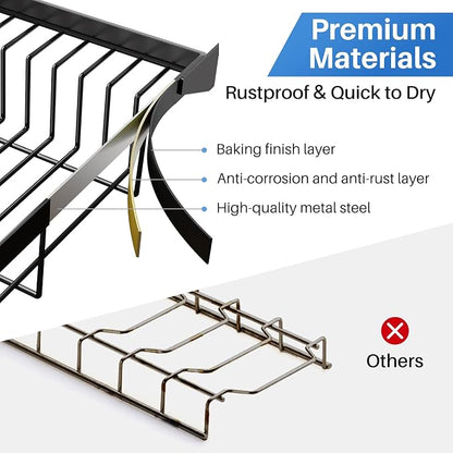 SNTD Over The Sink Large Dish Drying Rack, Metal, 26.8"-34.6", Black | Adjustable Length, Rust-Resistant, Utensil Holder, Cup Holder, Cutting Board Holder, Knife Holder, Sponge Holder and Hooks
