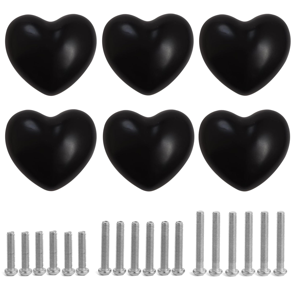 Perphin Ceramic Drawer Knobs Heart Shape Cabinet Dresser Pulls Handles with 3 Sized Screws, Kitchen Furniture Knobs for Closet Cupboard Wardrobe (6, Black)