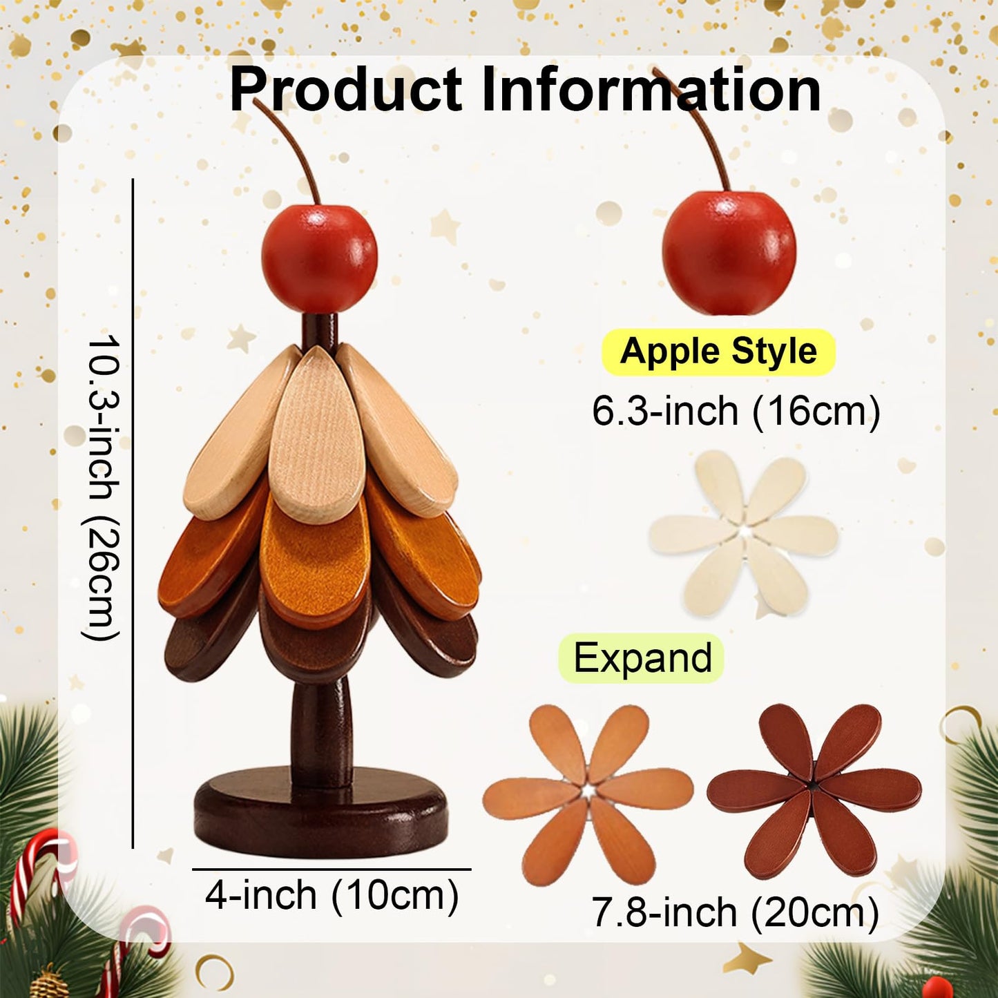 4 Pcs Wooden Trivets for Hot Dishes with Storage Stored, 7.8" Foldable Christmas Tree Shaped Trivets Set, Heat Resistant Hot Pads for Hot Pots Bowl Teapot, Kitchen Decor for Quartz Counter (Apple)