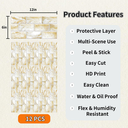 PVC Peel and Stick Tile Decals Decorative Minimalist Tile Stickers 12 Pieces Indoor Wall Decoration for Kitchen Laundry Room Bathroom Camper (Style B)