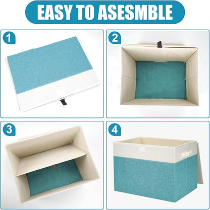 Large 17" 42 Quarts Collapsible Stackable Storage Bins with Lids [3-Pack] Foldable Fabric Linen Storage Boxes Cube, Closet Organizer Baskets with Label for Home (16.7 x 12 x 12", Teal & White)
