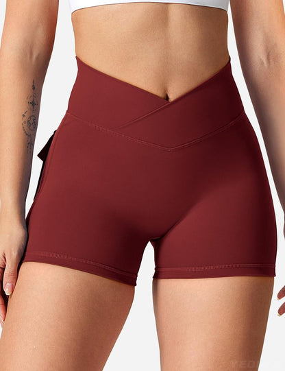 YEOREO Women's High Waisted Scrunch Workout Shorts with Pocket - Deep Burgundy, Size Large