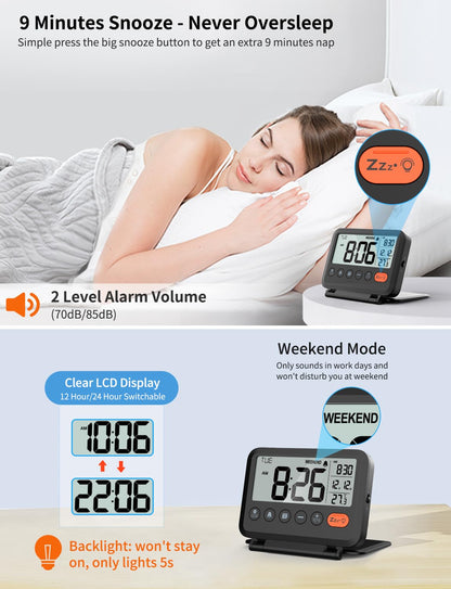 MeesMeek Digital Travel Alarm Clock, Black, 3.54 inch LCD Display, 9-Minute Snooze, 2 Volume Levels, Backlight, Battery Included