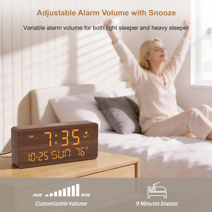 DreamSky Wooden Digital Alarm Clocks for Bedrooms - Living Room Desk Clock with Date and Day of Week, Temperature, USB Port, Dimmer Wheel, Adjustable Volume, Auto DST, Wood Decor for Office Table
