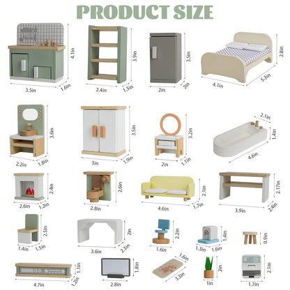 23PCS Wooden Dollhouse Furniture Set for 5 Rooms, Miniature Doll House Accessories & Furniture Toys for Toddlers, Indoor Scenes Pretend Play Toy for Kids 3+