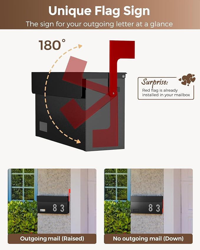 Modern Mailboxes for Outside, Metal Wall Mount Mailbox, with One Flag Kit and Three Sets of Mailbox Number Stickers, 3.9" D×13" W×7.1" H, Rust Resistant Coating Mail Boxes for House, Black AMB06B