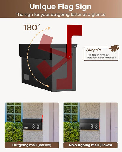Modern Mailboxes for Outside, Metal Wall Mount Mailbox, with One Flag Kit and Three Sets of Mailbox Number Stickers, 3.9" D×13" W×7.1" H, Rust Resistant Coating Mail Boxes for House, Black AMB06B