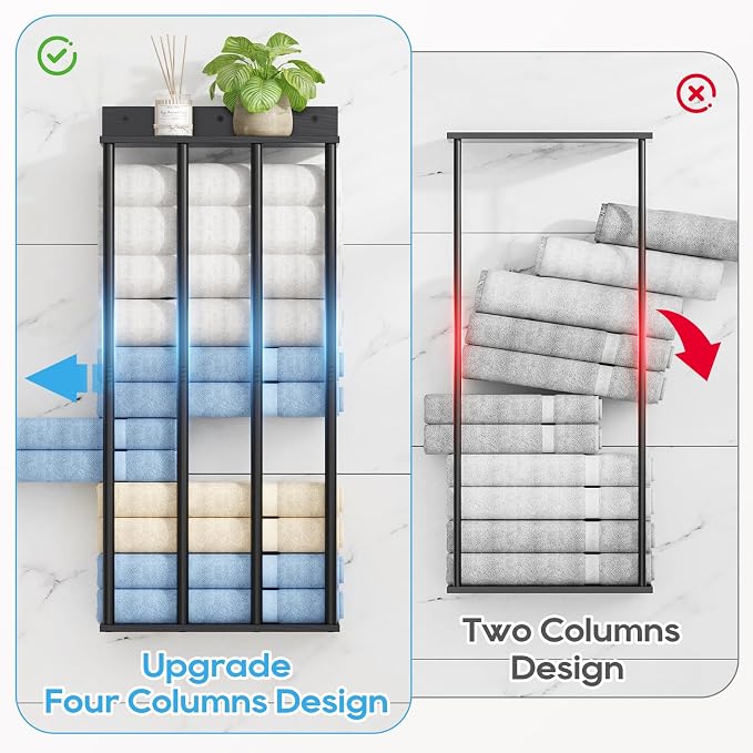 Towel Racks for Bathroom Wall Mounted, Updated 4 Bar Wall Towel Holder | Large Bathroom Towel Storage Rack for Rolled Towels, Modern Metal Towel Organizer Shelf with Wooden Storage Shelf