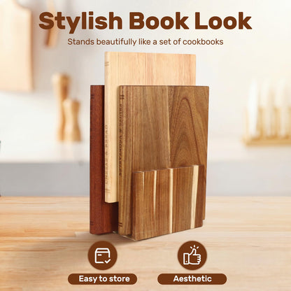 Book Cutting Board Set with Wood Stand, Wooden Cutting Boards for Kitchen,Knife Friendly Decorative Board that Look Like Books, Easy to Store & Clean,Unique Gift for Book Lovers & Home Cooks