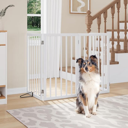 Semiocthome Freestanding Dog Gate 32" Tall, 4-Panel Foldable Dog Gates for Doorways Stairs House, Pet Gate Indoor with 2 Metal Stands, White