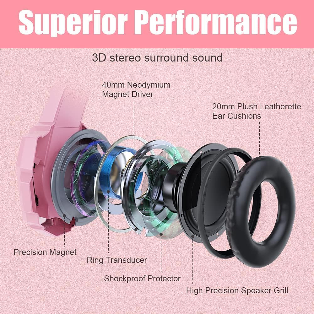 BENGOO G9000 Professional Gaming Headset for PS4, PC, Xbox One Controller, Noise Cancelling Over Ear Headphones with Mic, LED Light, Bass Surround, Soft Memory Earmuffs for Laptop - Pink