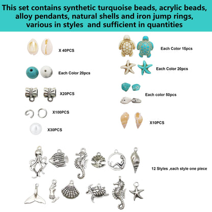 Julie Wang 422PCS Mixed Beach Ocean Jewelry Making Kit, Man-made Turquoise Starfish Turtle Beads Charm & Antique Silver Alloy Sea Animal Pendants, for Bracelet Necklace Earring Craft DIY Supplies