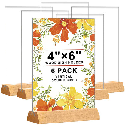 Acrylic Sign Holder 4 x 6 - Wedding Table Number Holder with Wood Base, Double Sided Picture Frames, 6Pack Clear Table Menu Display Stand for Centerpiece,Decoration,Party,Restaurants Office Store