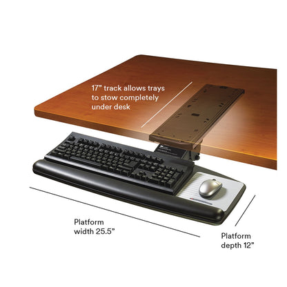 3M Knob Adjust Keyboard Tray, Tool-Free Installation, Standard Platform, Gel Wrist Rest, Precise Mouse Pad, Black (AKT65LE)
