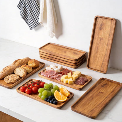 Handcrafted Acacia Wood Serving Tray 4 Pack– Multi-Functional Decorative & Candle Tray, Smooth Polished Surface with Raised Edges，Cheese Board for Food，Kitchen Organization,or Gift-11.4*4.1*0.59 in