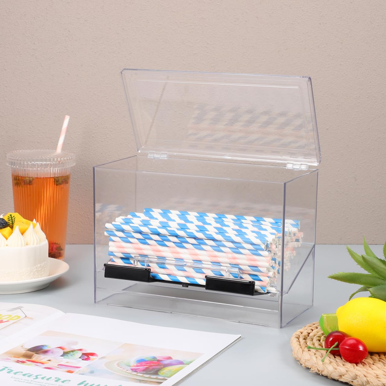 Cabilock Clear Acrylic Straw Dispenser Box 9X6.7X4.3 Inches Press Type Straw Organizer for Countertop Use in Restaurants Cafes and Snack Bars with Non-Slip Base