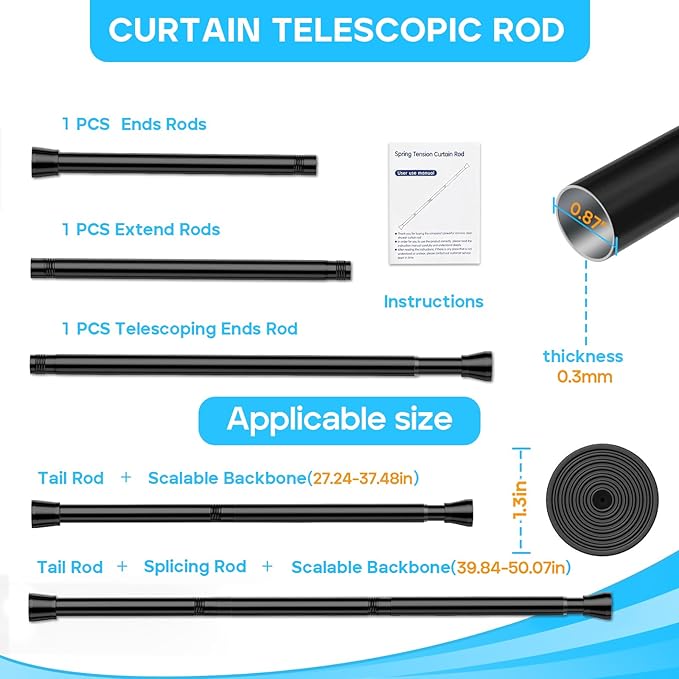 Spring Tension Curtain Rod 28 To 48 Inch Adjustable Expandable Black Tension Rod 7/8" Shower Curtain Rods No Drilling Spring Loaded Curtain Rod for Windows Bathroom Closet Kitchen Bedroom Doorway Door