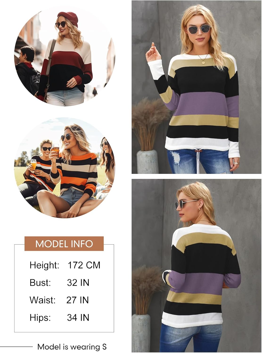 Dokotoo Womens Sweaters Striped Fall Winter Outfits 2025 Crewneck Drawstring Color Block Fashion Clothing