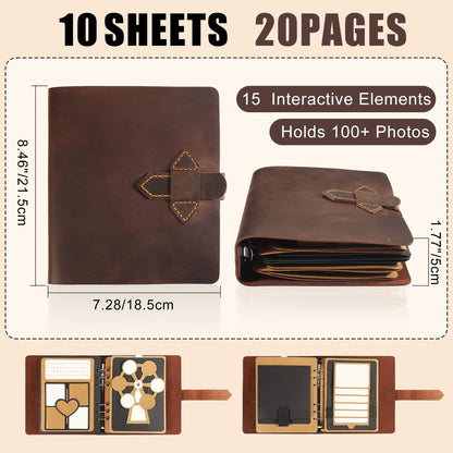 Handmade Genuine Leather Scrapbook Photo Album – DIY 3D Interactive Memory Book for Wedding, Baby, Family Photos (Travel, Anniversary, Birthday Gift)- D.Brown