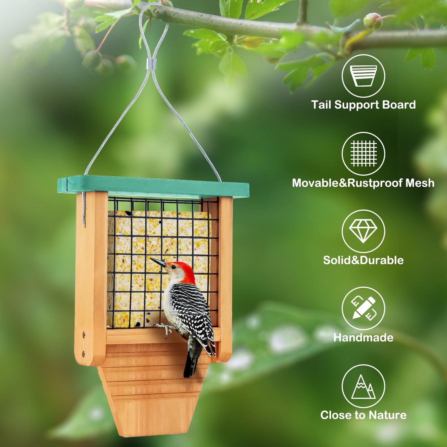 Gbekery Wooden Suet Bird Feeder for Outside Hanging, Woodpecker Suet Feeder with Tail Prop, Hanging Bird Feeder for Wild Birds, 1 Pack, Green