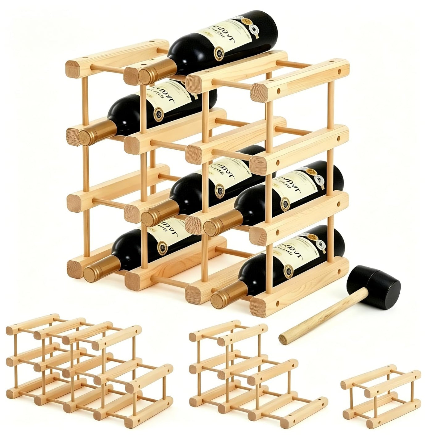 Petyoung 12 Bottle Stackable Wooden Wine Rack, Modular Wine Storage Rack with Rubber Hammer, Inside Cabinet and Countertop Wine Bottle Holder, Table Wine Organizer for Kitchen Restaurant Bar