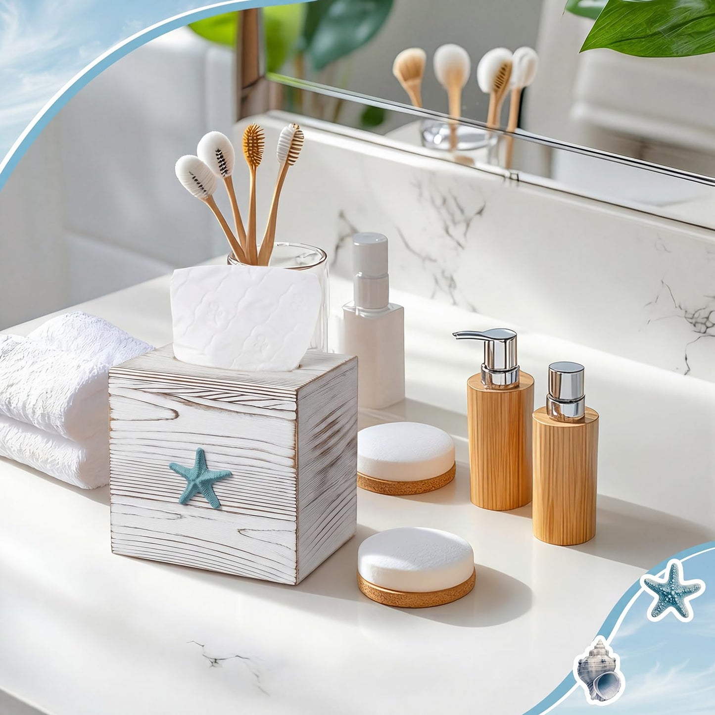Thyle 2 Pcs Coastal Tissue Box Cover, Wooden Beach Square Tissue Box Holder Closure Starfish Shell Decorations Farmhouse Cube Napkin Holder for Coastal Bathroom Home Accessories Living Room Bedroom