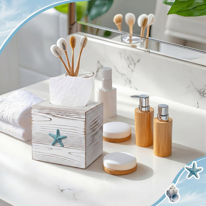 Thyle 2 Pcs Coastal Tissue Box Cover, Wooden Beach Square Tissue Box Holder Closure Starfish Shell Decorations Farmhouse Cube Napkin Holder for Coastal Bathroom Home Accessories Living Room Bedroom