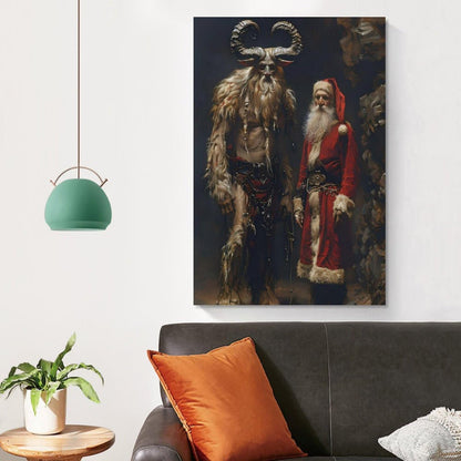 Saint Nicholas And Krampus Alpine Folklore Canvas Printing Wall Art Prints Festive Posters Scandinavian Rustic Style Christmas Yule Theme Wall Decor Living Room Bedroom Office Gift 12x18inch(30x45cm)
