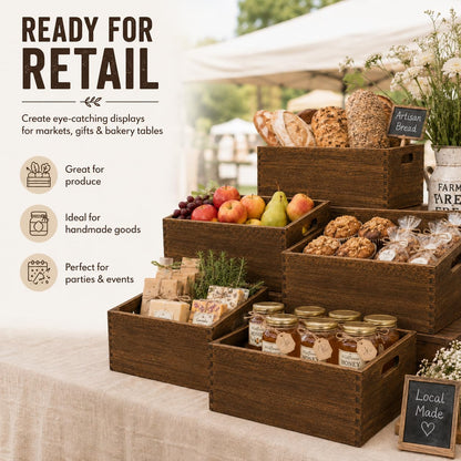 BOY MCOWBOY Wooden Crates for Display 5 Pack Extra Large Rustic Nesting Wooden Basket with Handle, Farmhouse Wood Crate for Storage and Container Multipurpose Wood Basket for Fruits Vegetables Boxes