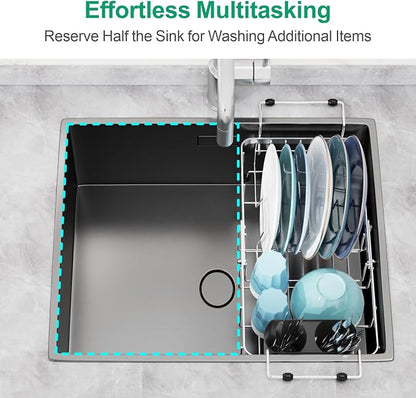 GSlife Small Sink Dish Drying Rack with Silicone Drying Mat - 9" W Expandable Stainless Steel Compact Dish Drainer with Lock Knob for RV, Apartment, Camper, Kitchen, 11.9"-16.7" L, Silver