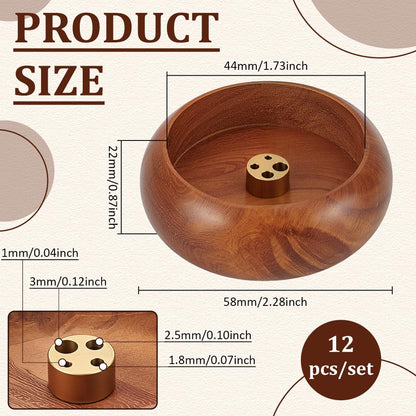 INTERWARM 12Pcs Wood Incense Burner Holder, Incense Holder for Stick 4 Holes Bowl Ash Catcher Aromatherapy Ornament Bowl Shape Censer Home Decoration for Home Decor Meditation Yoga Easter(Brown)