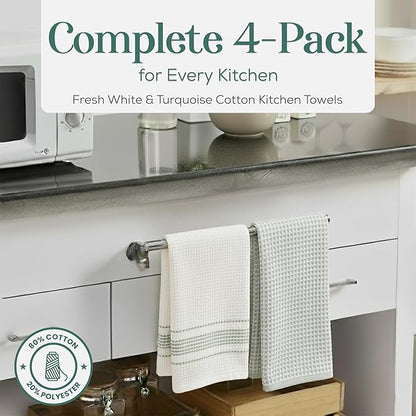MosJos Kitchen Towels, Cotton Hand Towels White & Turquoise Mini Weaved