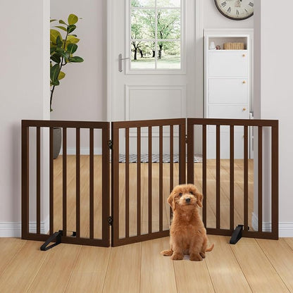 Freestanding Dog Gates Indoor, 3-Panel Pet Gates with 2 Metal Stands and 360° Hinge, 24" H Foldable Dog Gate for Stairs, Doorway, Kitchen, Expands Up to 55" Fully Assembled - Black Walnut