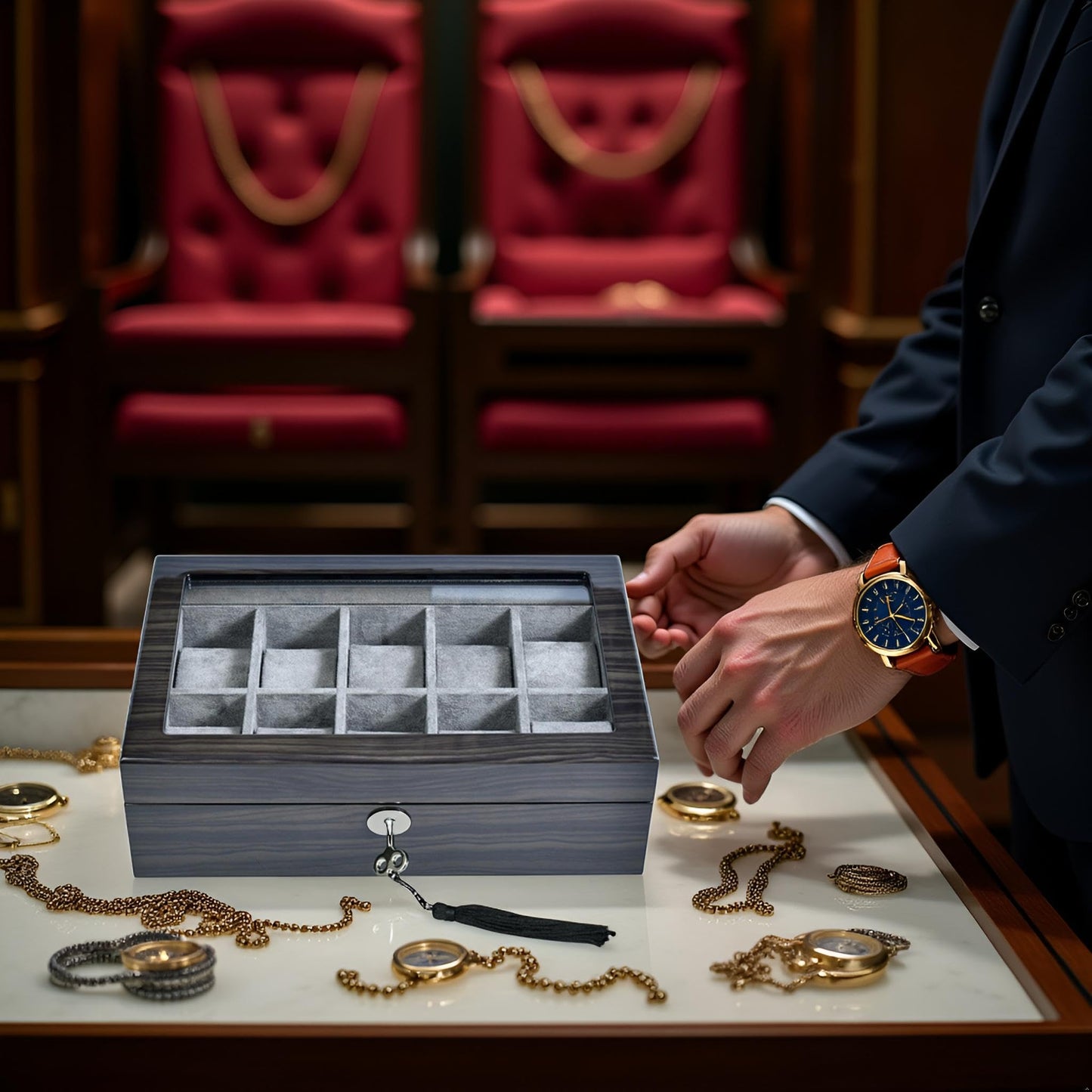 Watch Box for Men 10 Watches Storage box&Organizer Smart Watch Display Case - Ebony Wood with Soft Velvet Interior-Large Glass Window-Gift for Women and Man (10W-GYG)