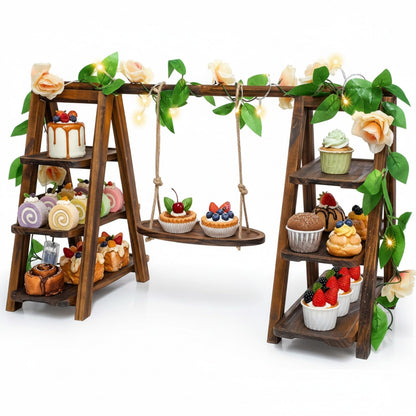 Purpeak Rustic Wooden Cupcake Stand with LED String Lights, 3 Tier Dessert Display Ladder with Swinging Tray, Solid Pine Serving Trays with Flower Vine for Wedding, Party, Birthday Event Table Decor