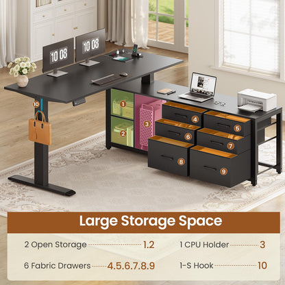 SEDETA L Shaped Electric Standing Desk, 55" x 55" Height Adjustable Office Executive Desk with 6 Fabric Drawers and Storage Shelves, Sit Stand Computer Desk with Power Outlet for Home Office (Black)