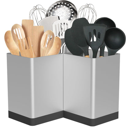 Suli Utensil holder,Kitchen Utensil Organizer for Corner Countertop,Extra Large Silverware Organizer with 3 Compartments,Farmhouse Decor,Iron,Silvery