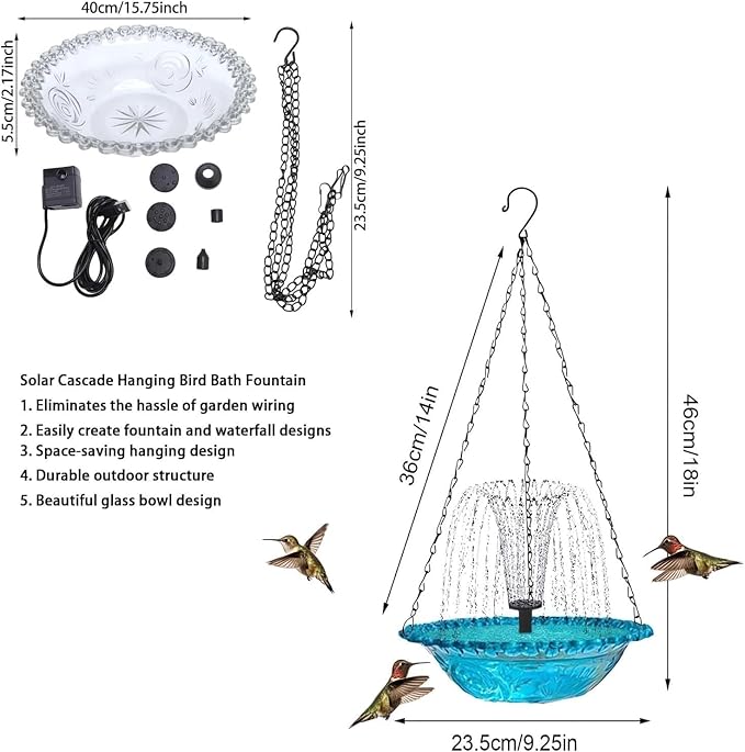 2026 Solar Cascade Hanging Bird Bath Fountain - 3 Layers Outdoor Water Feature for Hummingbirds, Easy-Clean 9.3" Glass Basin with Solar Powered Pump, Attract Wild Birds to Garden, Patio (Gray)