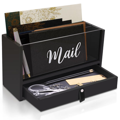 Two-Layer Solid Wooden Mail Storage Organizer Holder with Clear Acrylic Top and Bottom Drawer, Leather Handle, Keeping Mail, Bills, Letters, Cards and Office Supplies in One Place, Home Decor Gifts