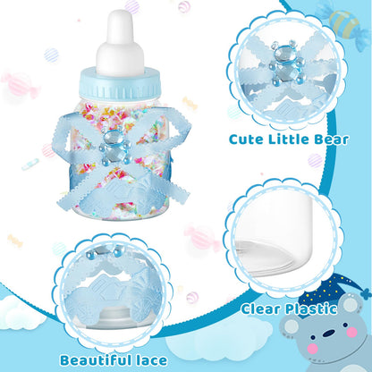 Nuenen 36 Pcs Baby Bottle Party Favors Plastic Mini Milk Bear Bottles for Baby Shower Decorations and Centerpieces Candy Jar with Ribbon for Gifts(Blue,Stylish)