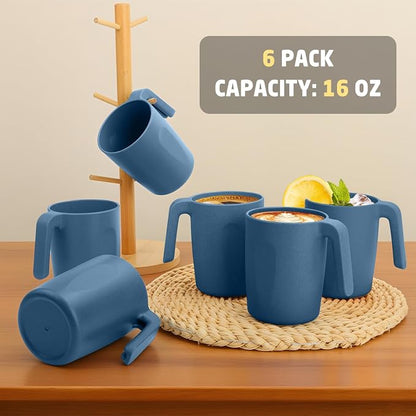 Wheat Straw Coffee Mugs 16 oz, Drinking Cups Set of 6, Plastic Mugs With Handle Unbreakable Coffee Cups, Microwave and Dishwasher Safe Tea Cups for Kitchen, Camping, RV - Blue