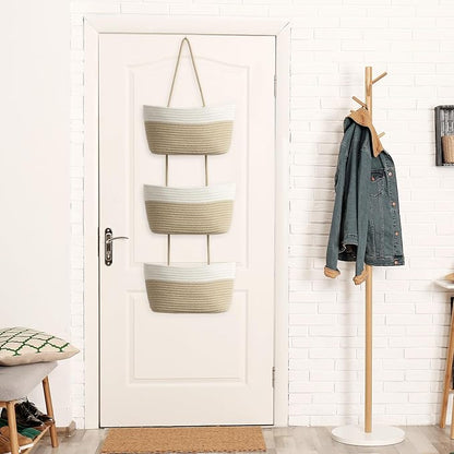 TeoKJ Over the Door Hanging Basket, 3-Tier Woven Cotton Wall-Mounted Storage