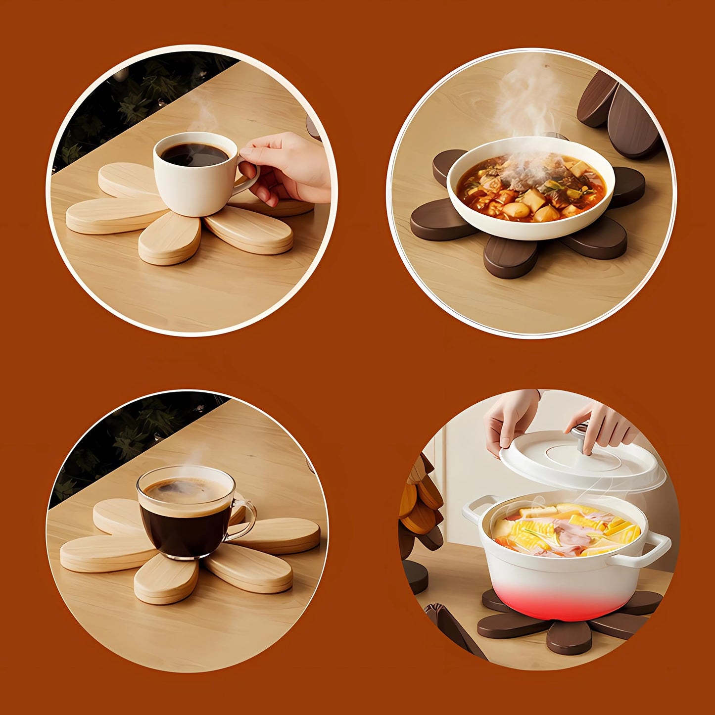Wooden Trivets for Hot Dishes, Tree Shape Trivet Set, 4 Natural Solid Wood + 1 Stand stored Like a Christmas Tree,Foldable Kitchen Wooden Trivet for Pot Bowl Teapot Hot Pot Holder (Wood)