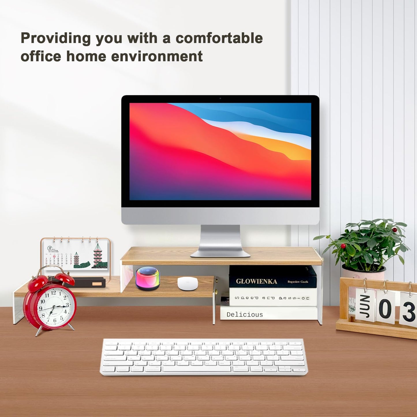 YGYQZ Adjustable Monitor Stand Riser with Acrylic Legs丨19.3" Length Dual Monitor Stand for Desk丨2-Tier Wood Desktop Organizer for Computer, Laptop, Printer & PC丨Modern Aesthetic Desk Shelf(wood-wavy)