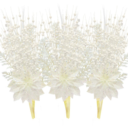 18 Pack Christmas Tree Ornaments Set, 17.5 Inch White Fake Christmas Picks Decorations with 2 Styles, Artificial Glitter Berry Stem Ornaments for Christmas Tree Wedding Small Vase Wreath Decor